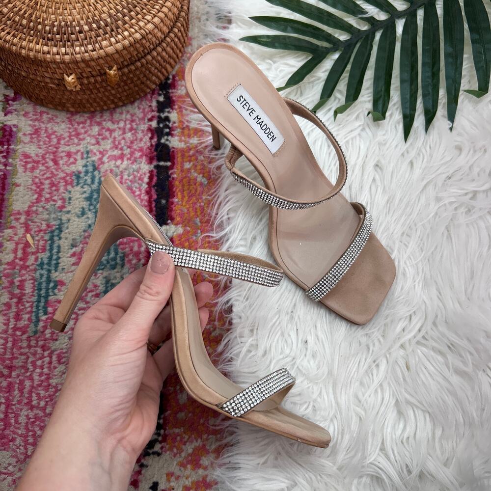 Steve Madden Michele-R Camel Multi Rhinestone High Heel Sandals 9 Square Toe - Picture 2 of 7